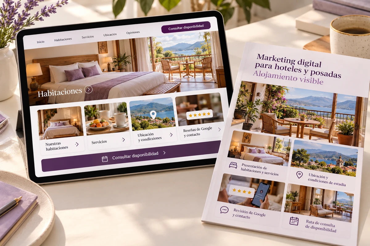 Mockup conceptual de alojamiento visible para marketing digital para hoteles y posadas