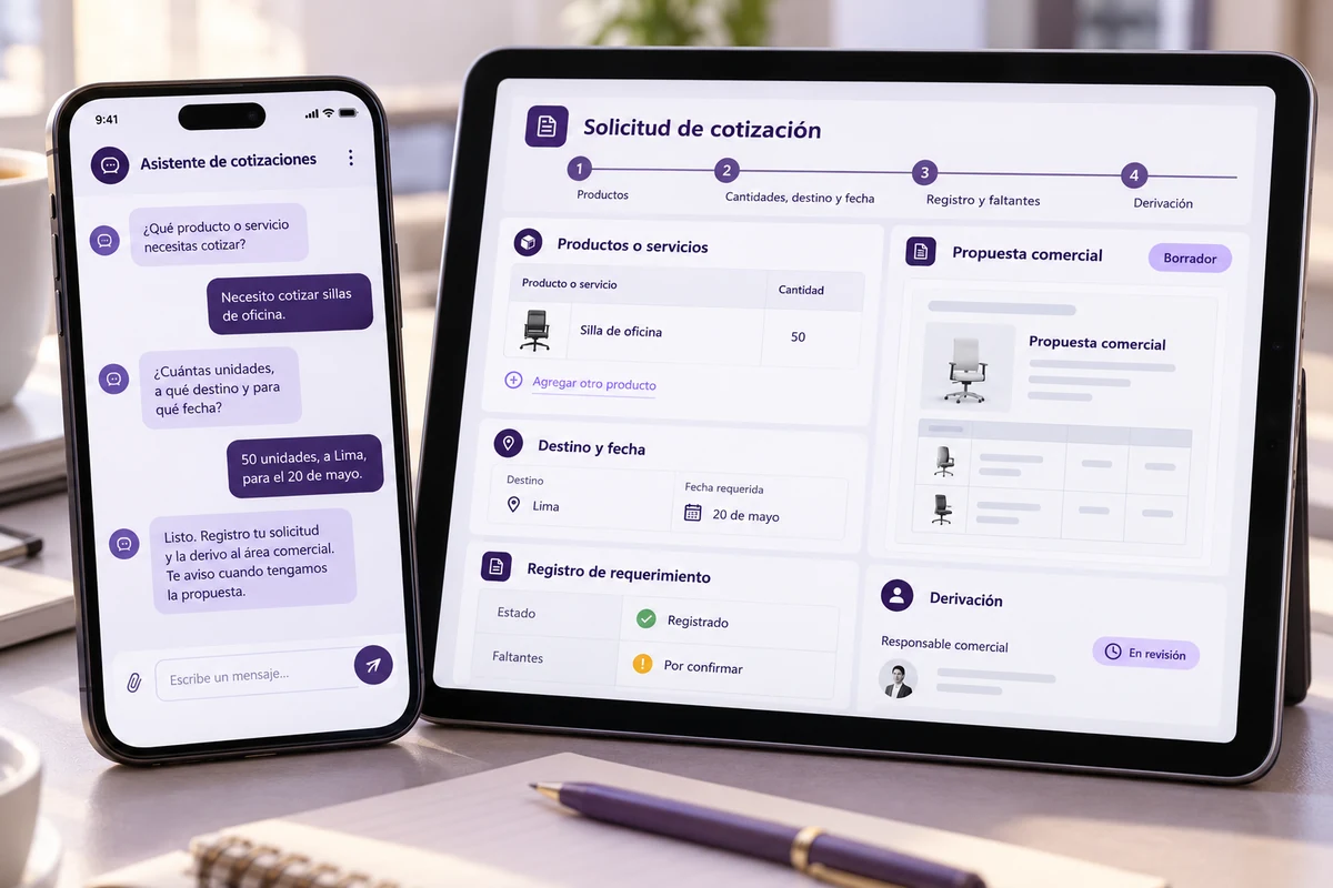 Mockup conceptual de solicitud ordenada para agente de ia para cotizaciones