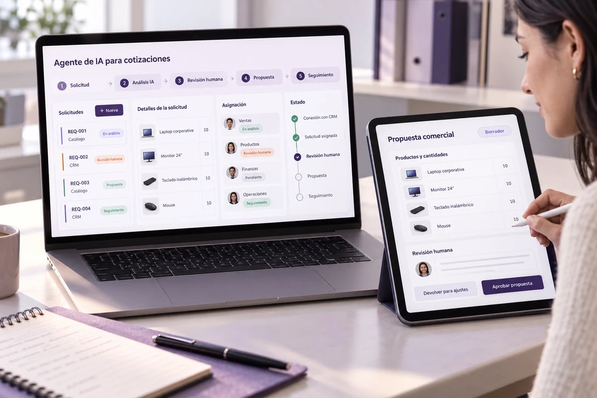Mockup conceptual de flujo comercial conectado para agente de ia para cotizaciones
