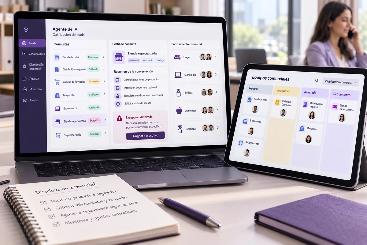 Mockup conceptual de distribución comercial para agente de ia para calificar leads