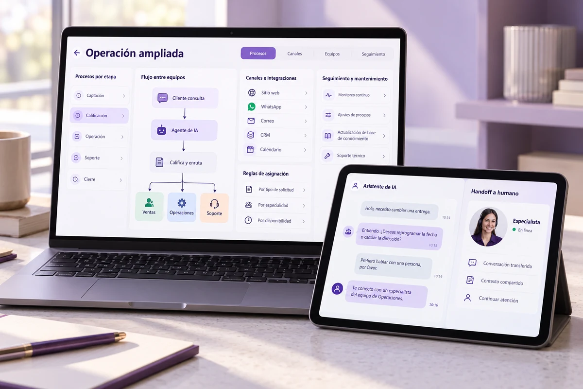 Mockup conceptual de operación ampliada para agentes de ia para empresas