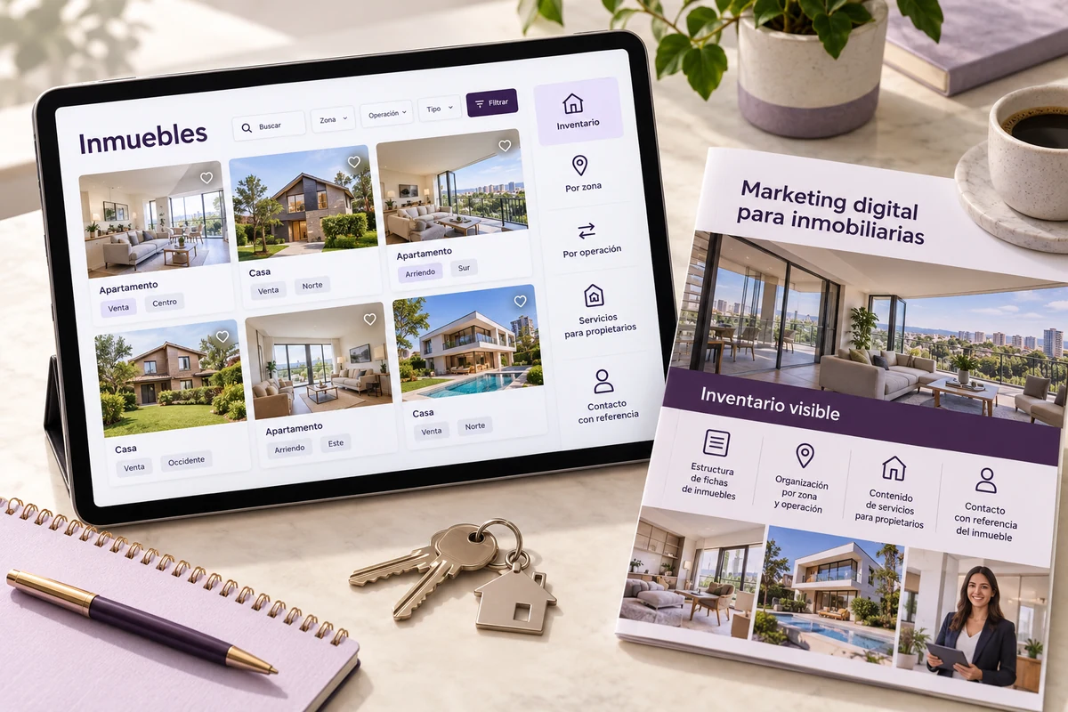 Mockup conceptual de inventario visible para marketing digital para inmobiliarias