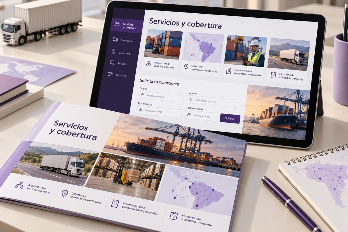 Mockup conceptual de servicios y cobertura para marketing digital para empresas de logística
