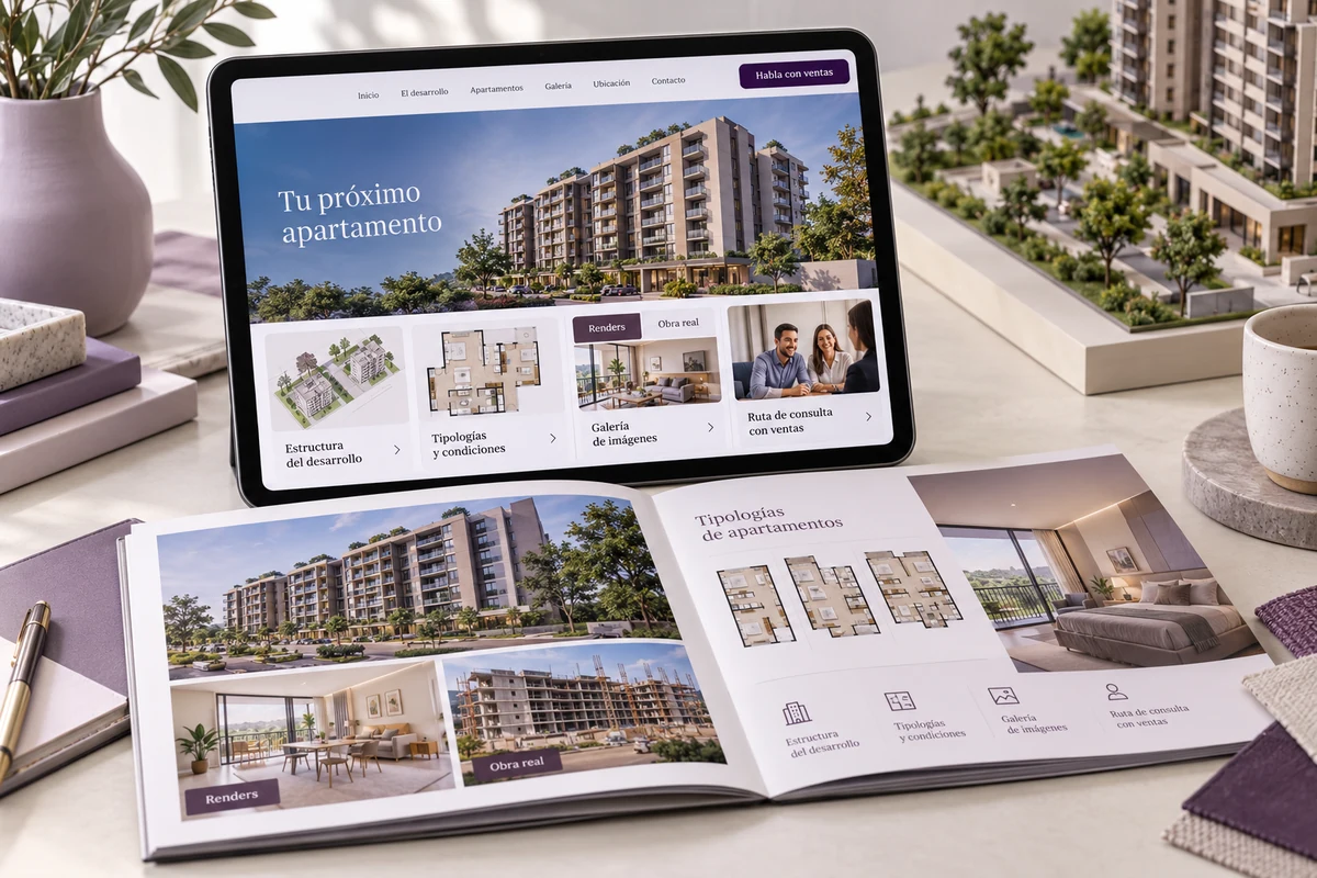 Mockup conceptual de proyecto bien presentado para marketing digital para promotoras inmobiliarias