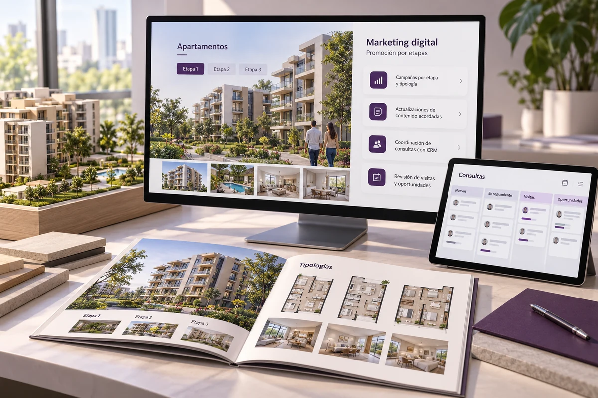 Mockup conceptual de promoción por etapas para marketing digital para promotoras inmobiliarias
