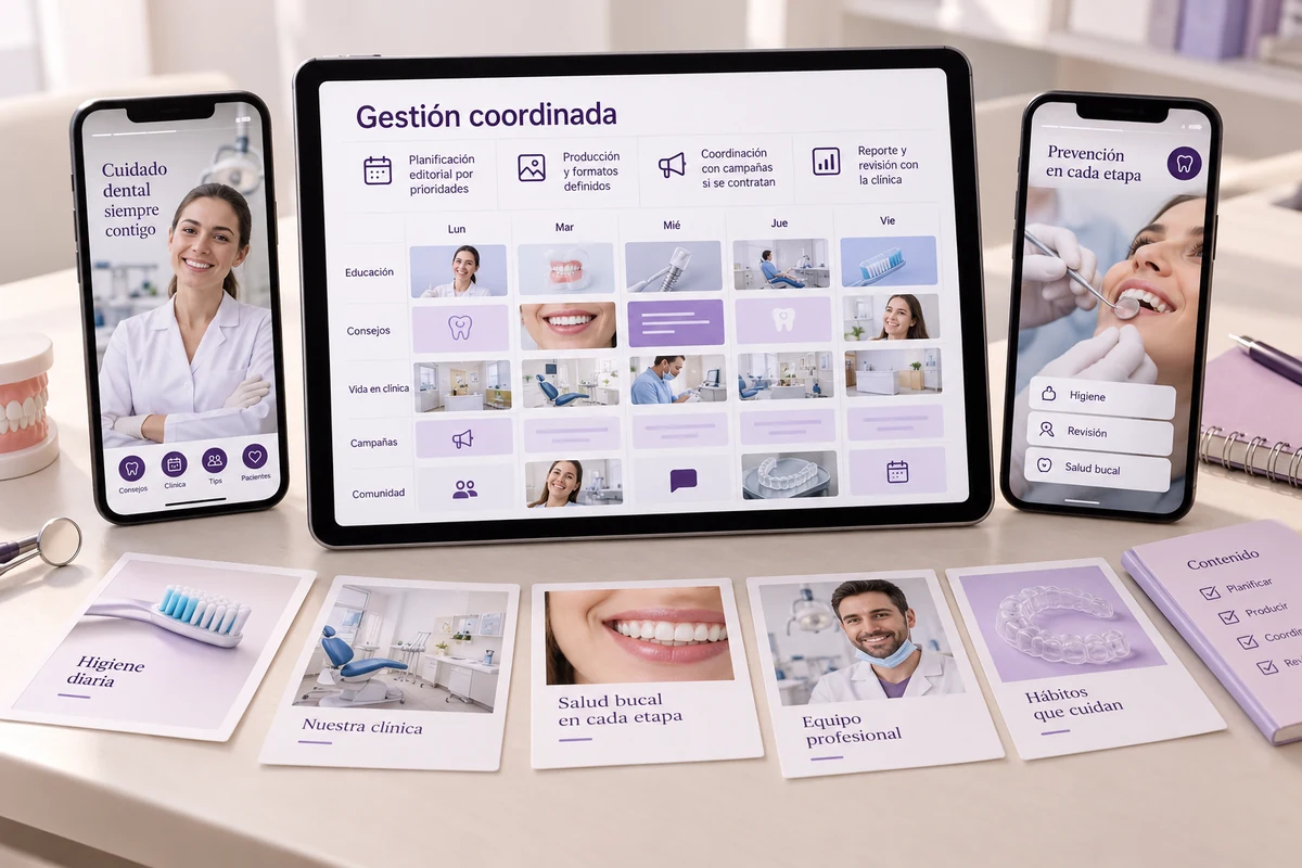 Mockup conceptual de gestión coordinada para redes sociales para clínicas dentales