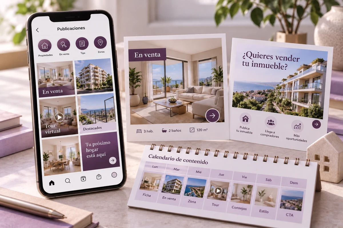 Mockup conceptual de perfil e inventario para redes sociales para inmobiliarias
