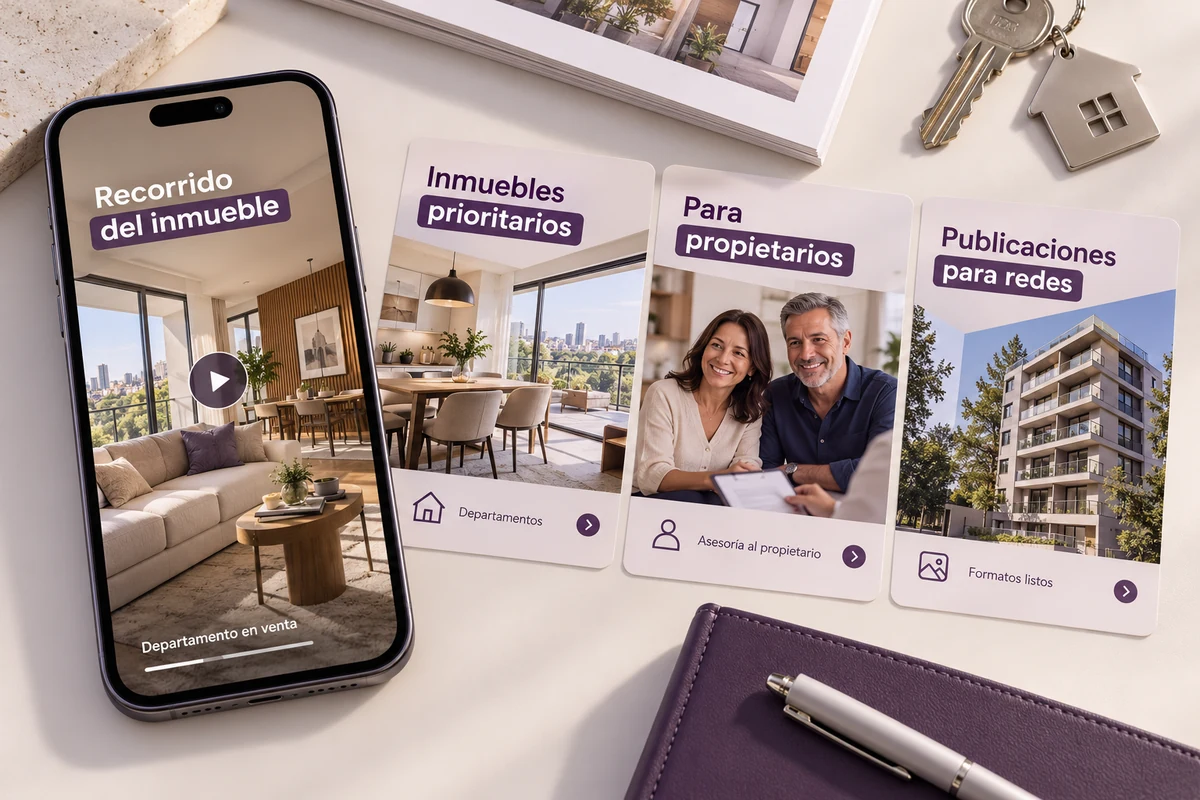 Mockup conceptual de propiedades y propietarios para redes sociales para inmobiliarias
