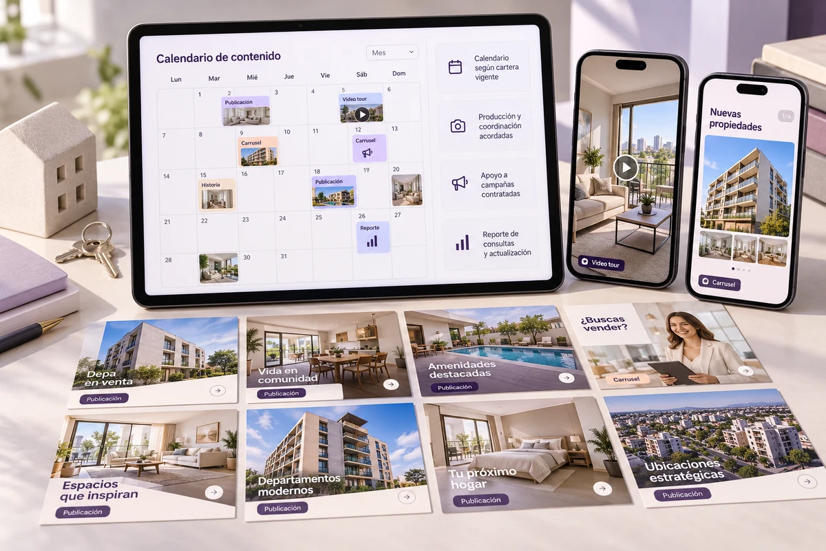 Mockup conceptual de gestión comercial de contenido para redes sociales para inmobiliarias
