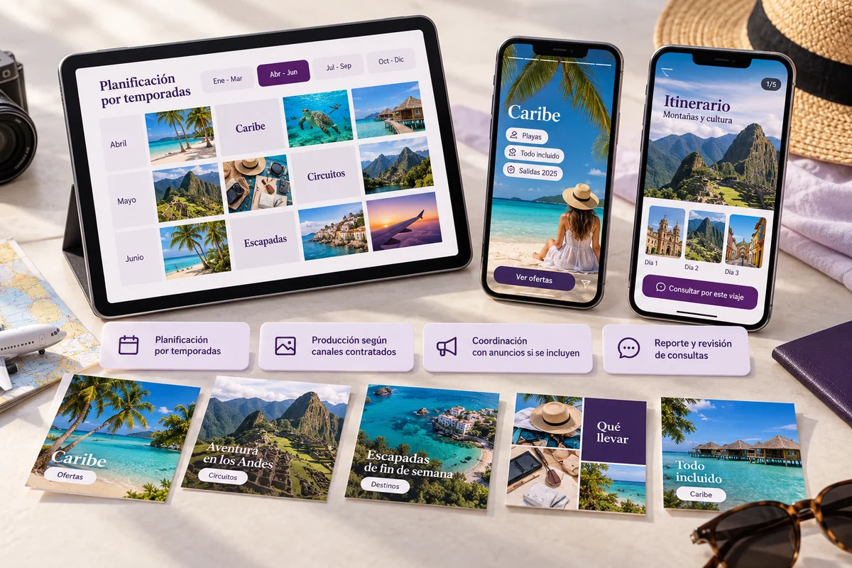 Mockup conceptual de gestión de varias ofertas para redes sociales para agencias de viajes
