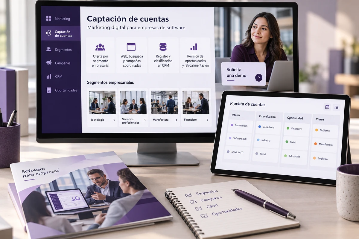 Mockup conceptual de captación de cuentas para marketing digital para empresas de software