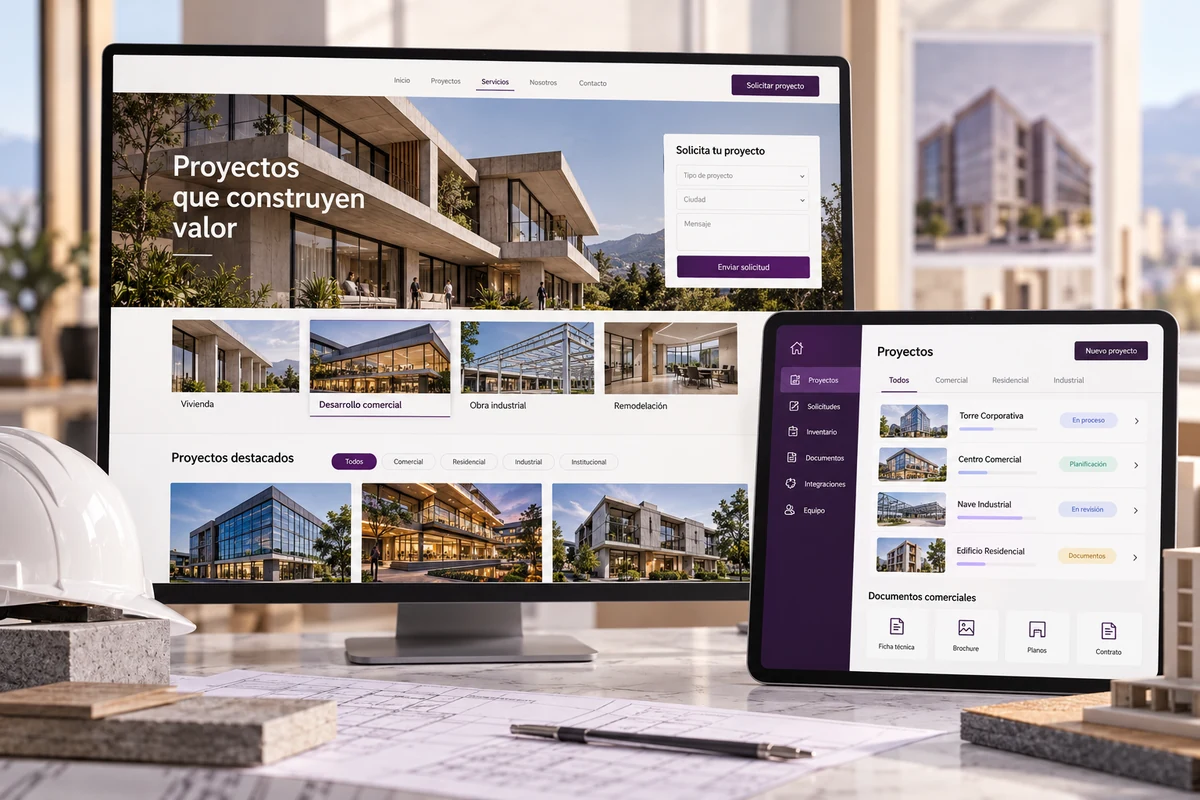 Mockup conceptual de web de desarrollo comercial para diseño web para constructoras